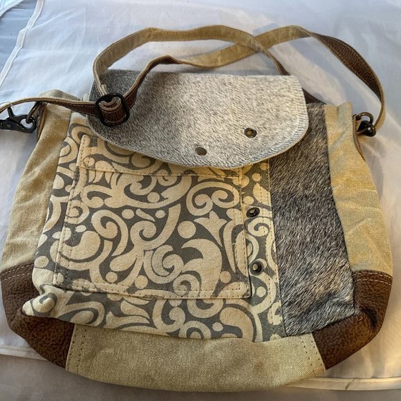 Myra Bag  Factual Upcycled Canvas & Cowhide/Fur Shoulder Messenger Bag NWOT - Picture 1 of 3
